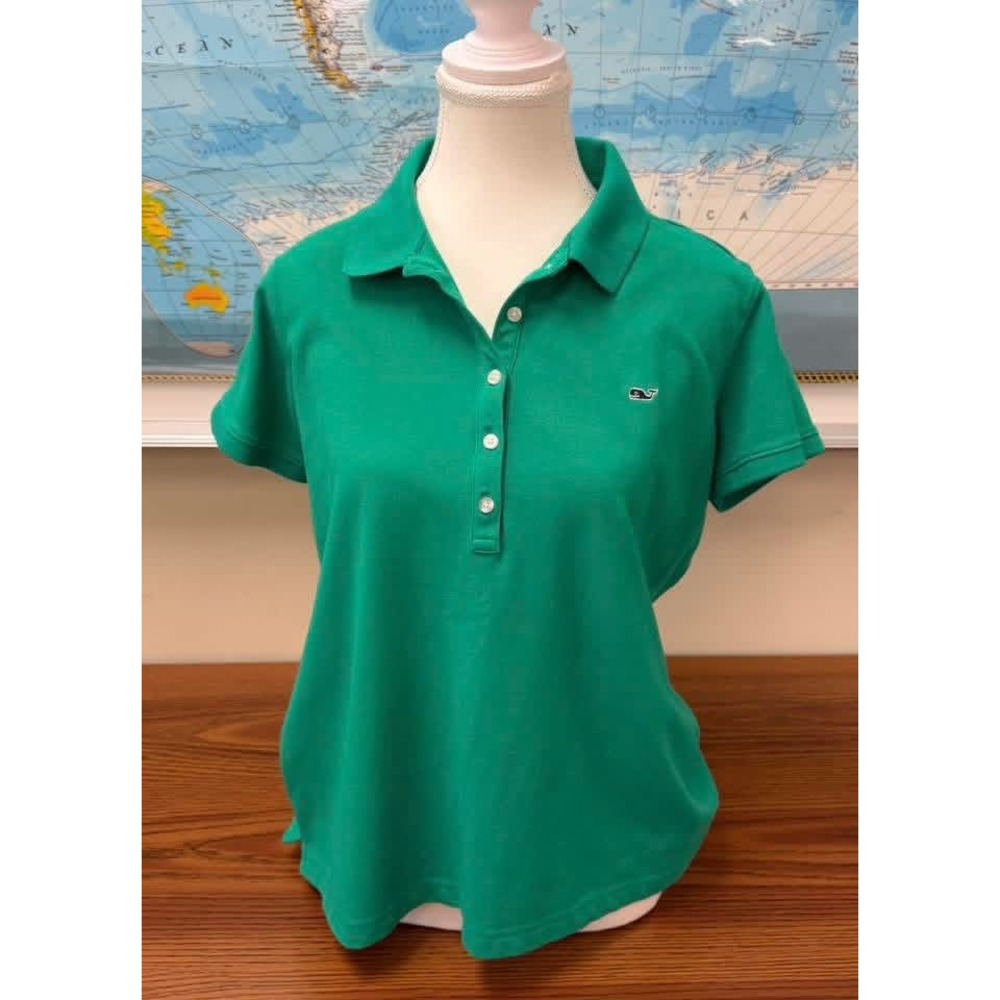Vineyard Vines Womens Large Short Sleeve Pique Polo Shirt Green Whale Logo